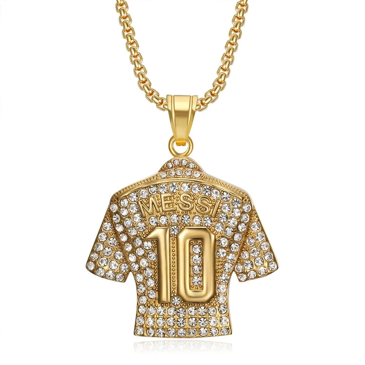 New Arrival Fashion Jewelry Hip Hop Full of Diamond MESSI Number 10 Football Shirt Pendant Fine Zircon Necklace for Women Men