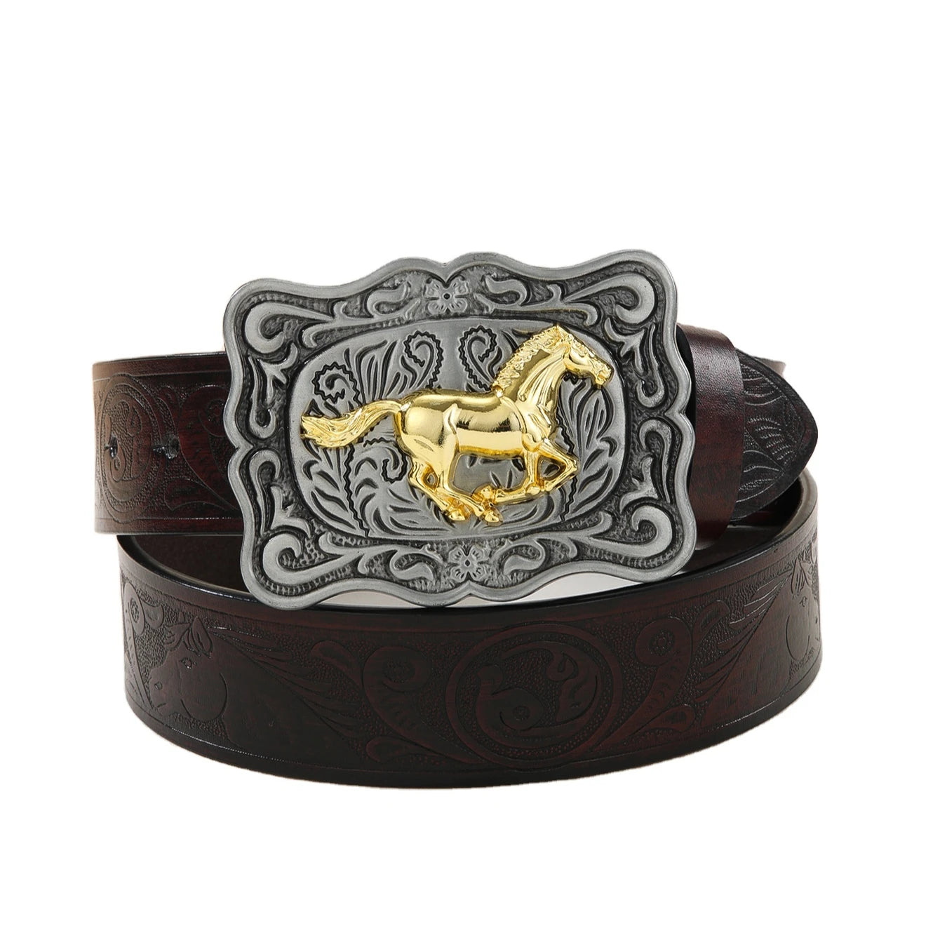 Men Western Pu Leather Belt Cowboy Vintage Western Leather Horse Buckle Belt