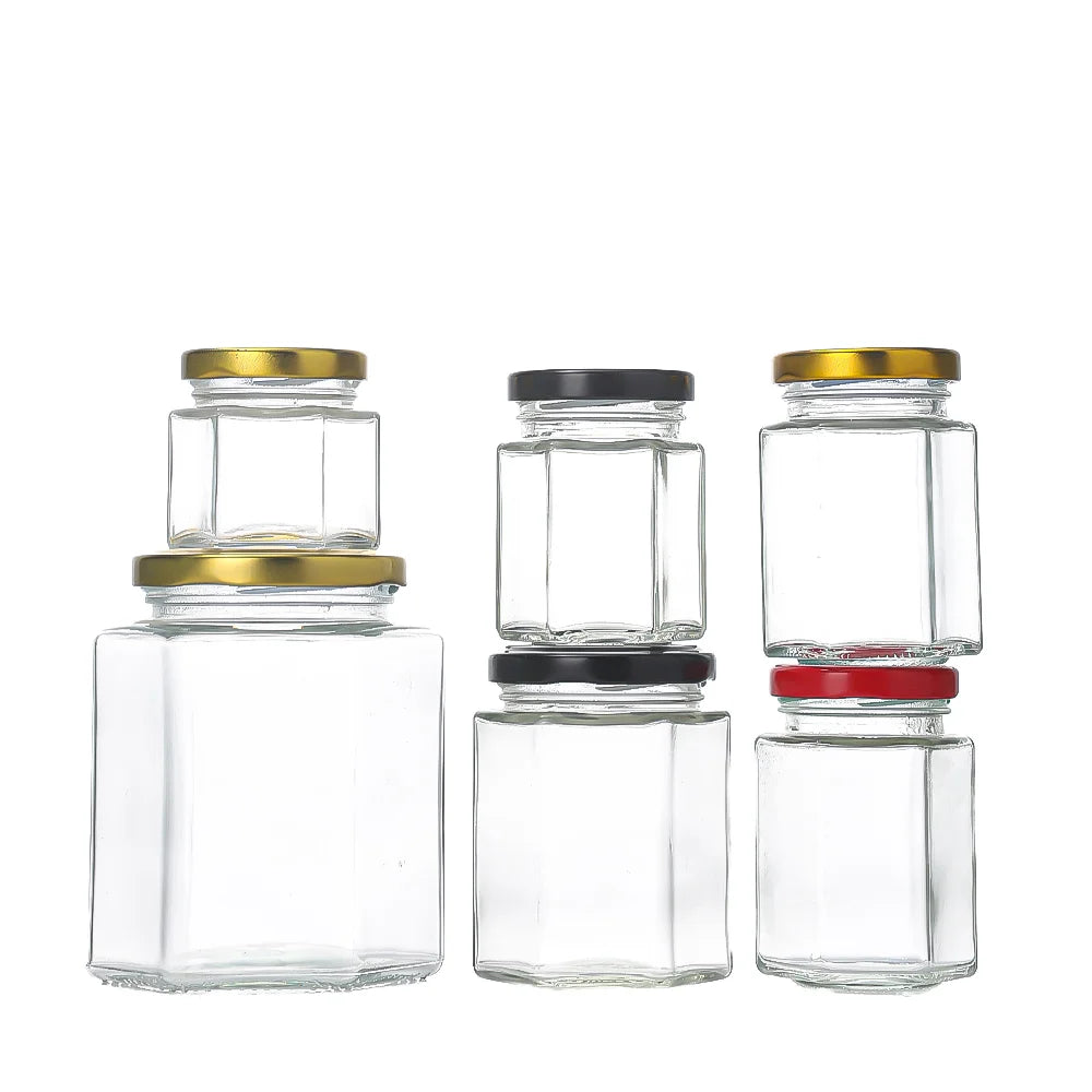 Clear Hexagonal Glass Jar for Sauce Honey and Jam 45ml-730ml with Screw Cap and Screen Printed Lid