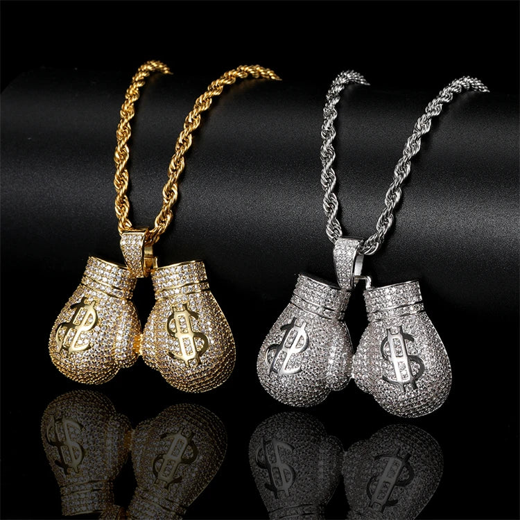 New Hip Hop Rock Jewelry Brass Zircon Gold Plated Boxing Gloves & Dollar Sign Pendant Necklace for Men