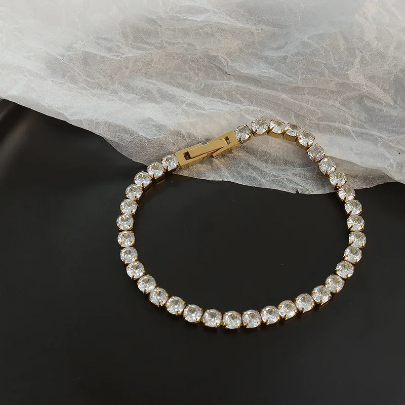 Women Real 18K Gold Plated Stainless Steel CZ Zircon Bracelet 4mm Bling Bling Full Clear Round Cubic Zirconia Bracelet