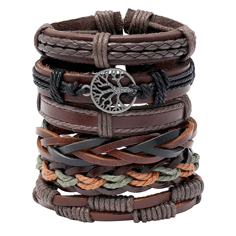 Handmade Retro Woven Leather Bracelets 6-Piece Set Fashion Bangles for Men