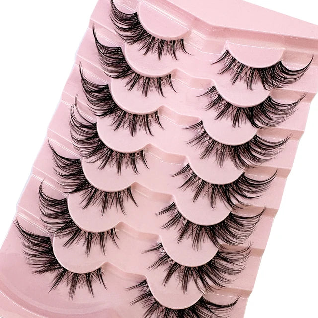 NEW 7Pairs Fox Eye Manga Thick Synthetic Handmade 3D Clear Band Natural Look Wispy Eyelashes Cat Eye Pack Fake Eyelashes
