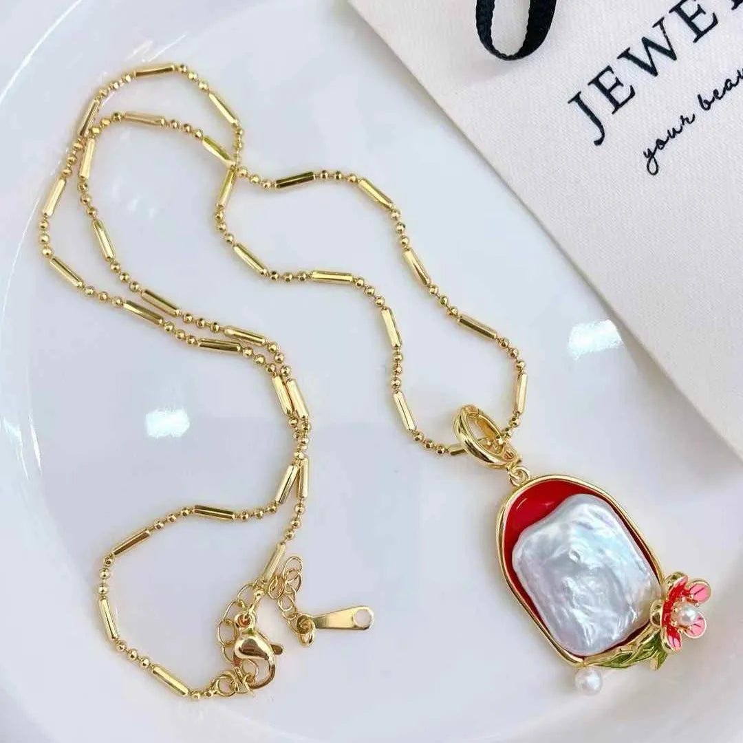 Artistic Retro Keshi Pearl Necklace Universal Buckle Oil Painting Pendant Natural Freshwater Baroque Gold Plated Trendy for Gift