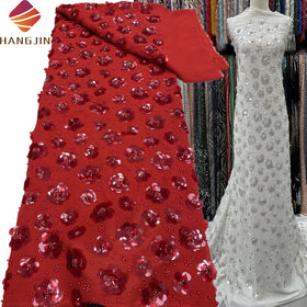 Luxury French Net Beaded Lace Fabric 5 Yards Red Sequins Embroidery 3D Flower Elegant Wedding Dress Lace for Bridal Dresses