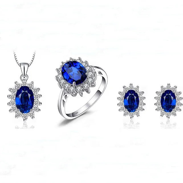 100% S925 Solid Silver Pendant Jewelry Necklace Set Blue Cubic Zircon Jewelry Silver Ring Jewellery Sets for Girls