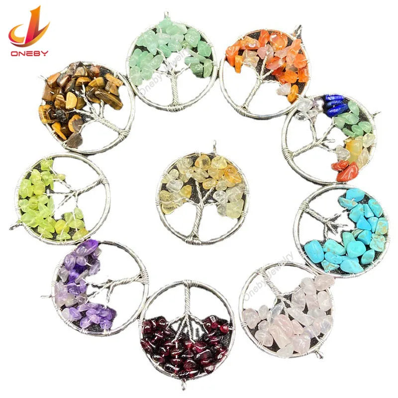 Men Gemstone Necklace Crystal Charms Custom Diy Shell Crystal Tree Circular Silver Pendant for Women Necklace Gift