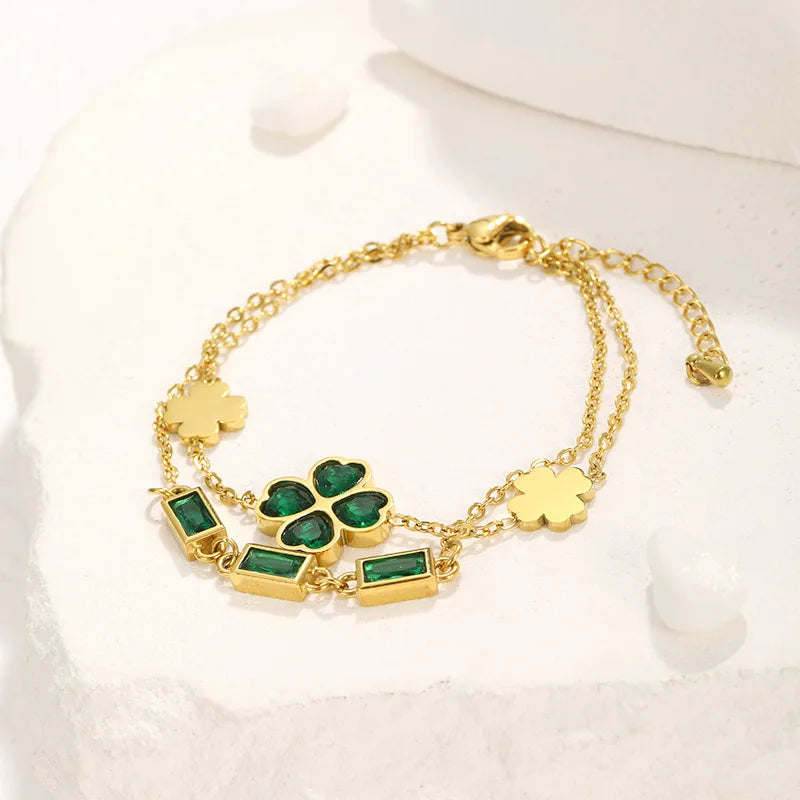 Hot Selling Personalized Double Layer Square Crystal Heart Four Leaf Clover Stainless Steel Bracelets for Women Wholesale