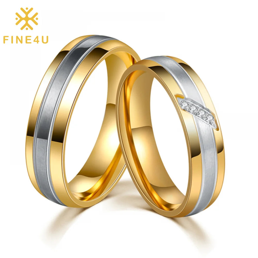 Simple Fashion Cubic Zirconia Gold Plated Couple Valentine Jewelry Stainless Steel Engagement Rings for Women