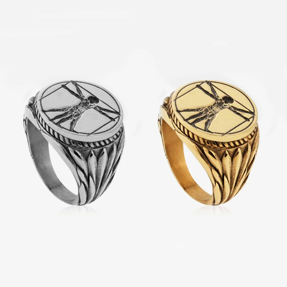 Vintage Mens Rings Stainless Steel Jewelry 18k Gold Plated Round Finger Ring London Hot Cast Vitruvian Man Ring