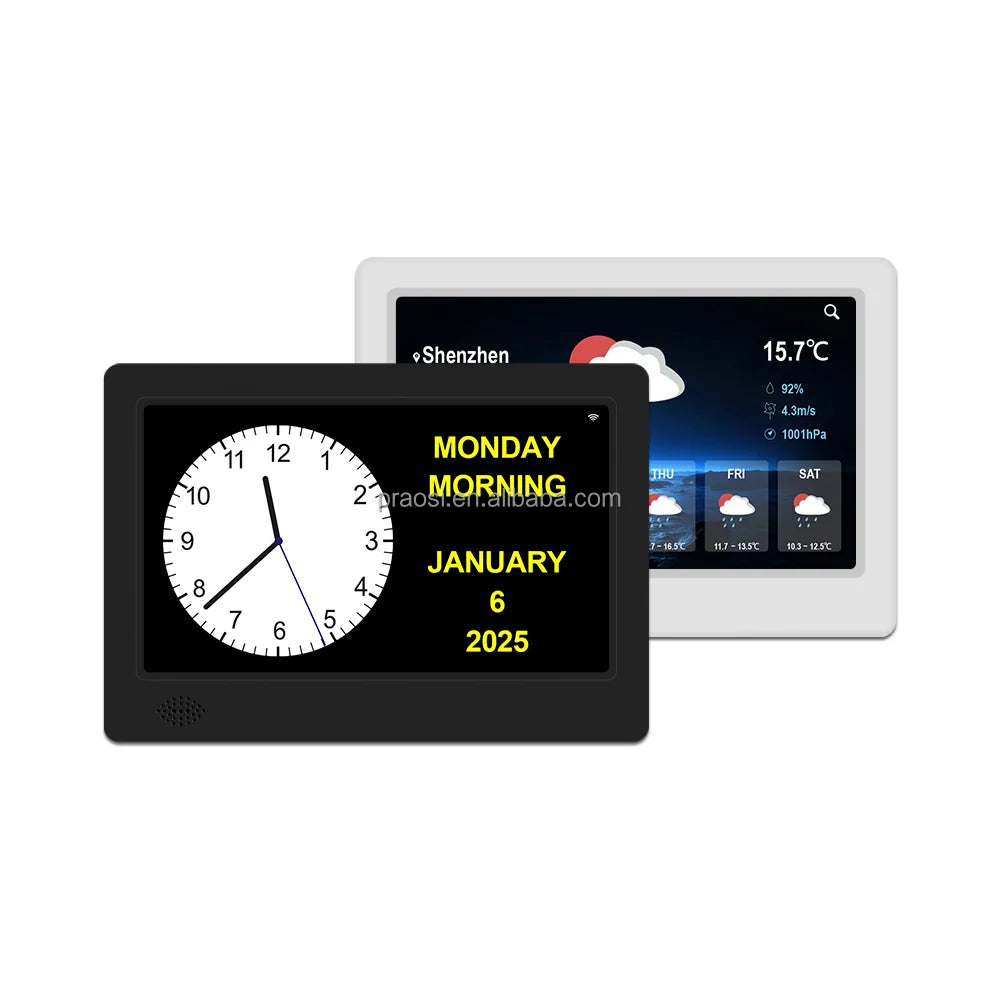 Pros Smart 7 Inch Wifi Digital Calendar Day Alarm Clock Extra Large Non-Abbreviated Day Month Perfect for Seniors Weather Report