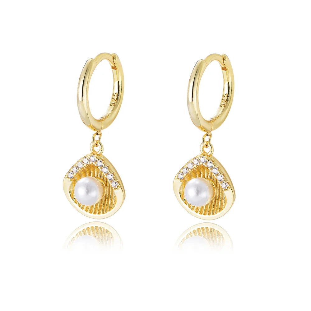 Custom Fashion Jewelry 925 Sterling Silver Gold Plated Cubic Zirconia Shell Pearl Hoops Earrings Women