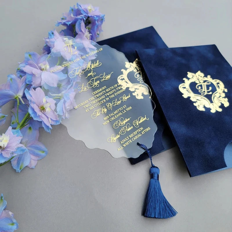 SHINY 2026 New Arrivals Fold Pocket Luxury Acrylic Wedding Invitation Cards with Screen Printed Paper and Gold Foil