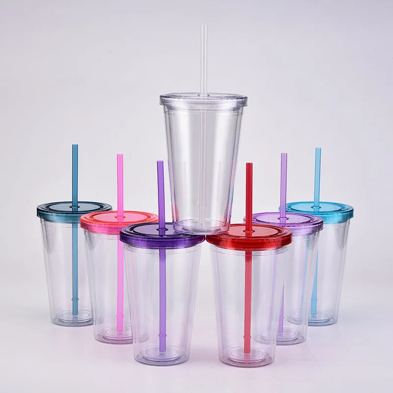 Wholesale Custom 16oz Plastic Acrylic Skinny Tumbler Double Wall Water Tumbler Cups in Bulk with Lid and Straw