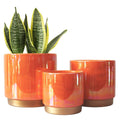 Orange Pearlescent Glazed Design Ceramic Flower Pot With Saucer Drainage Hole Plant Garden Home Decoration Vase