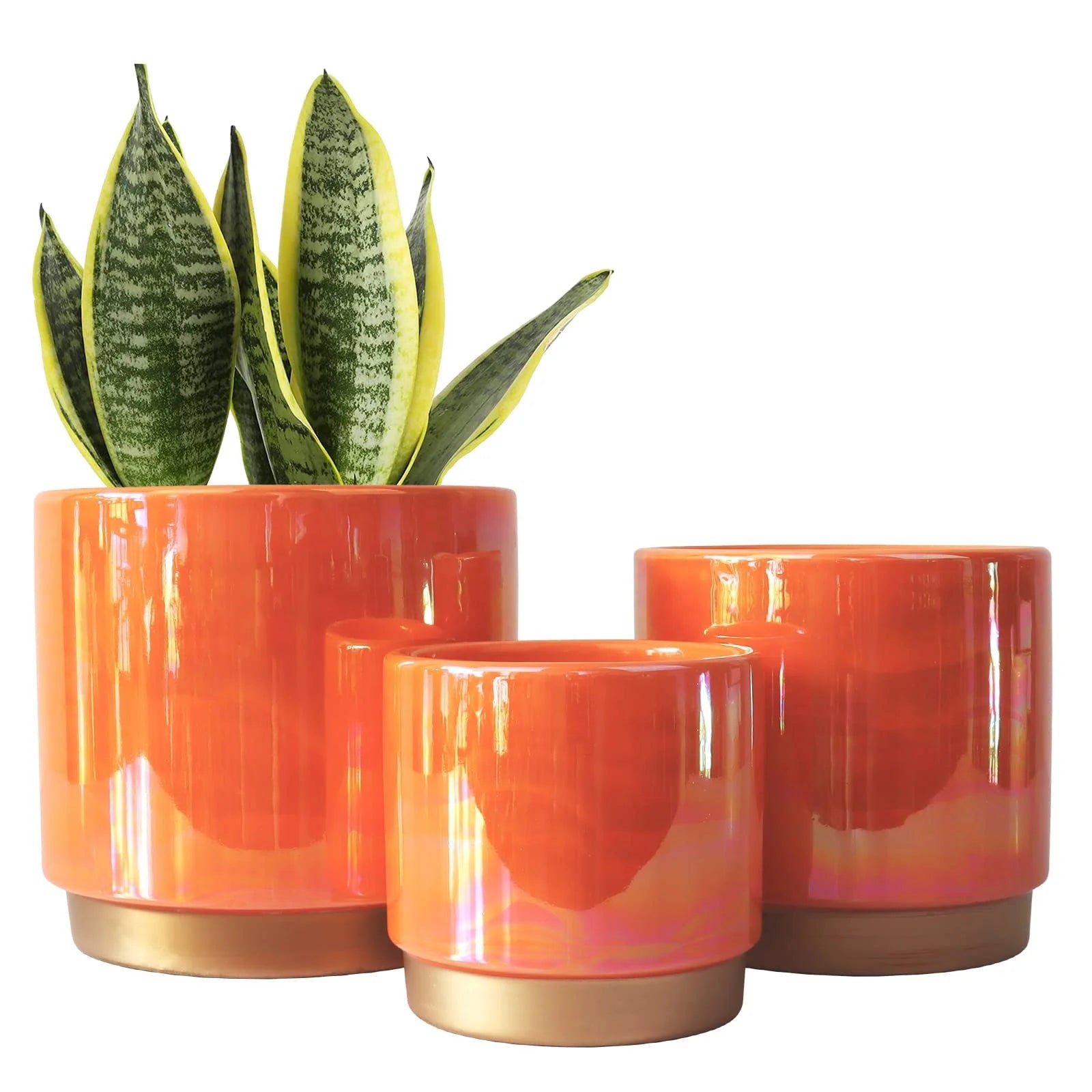 Orange Pearlescent Glazed Design Ceramic Flower Pot With Saucer Drainage Hole Plant Garden Home Decoration Vase