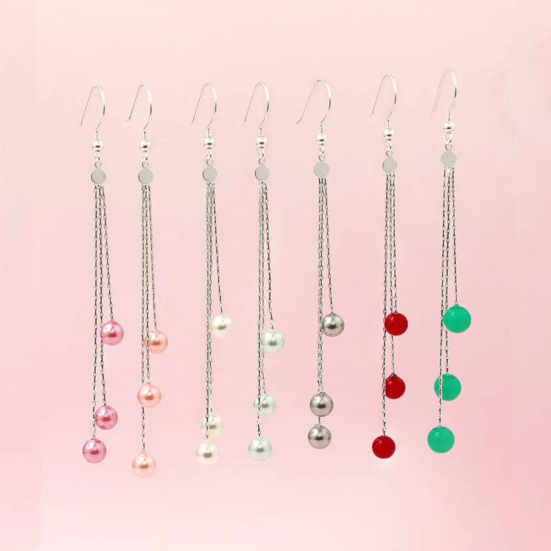 Fashionable Jewelry Silver Plated Earring Clips Imitate Pearl Copper Long Tassel Drop Dangle Earrings for Women Party Gifts