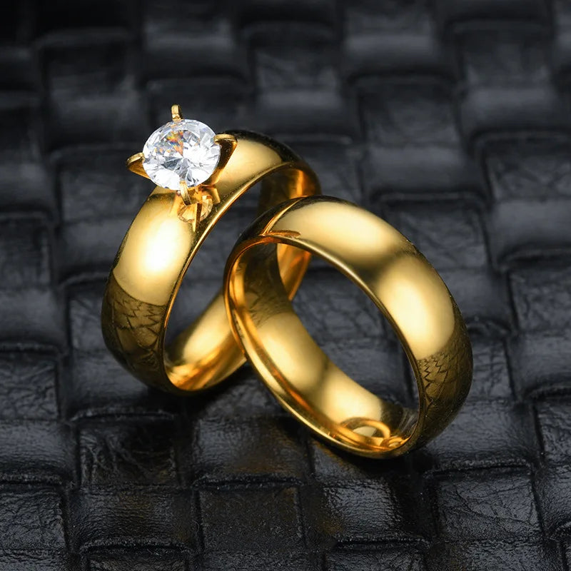 Wholesale Fashion 18K Gold Plated Titanium Zircon Engagement Wedding Stainless Steel Couples Rings