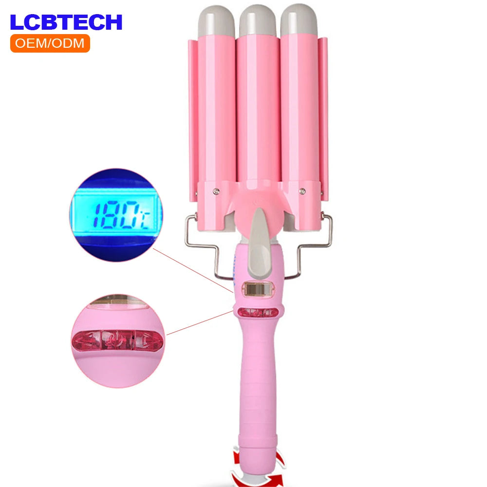 Professional Salon Automatic Perm Splint Ceramic Styling Tools Wavy 3-Barrels Iron Hair Styler Wand Hair Waver Hair Curler LCD