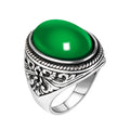 Vintage Flower Natural Emerald Ring Antique Mens Silver Green Agate Stone Rings for Men Jewelry