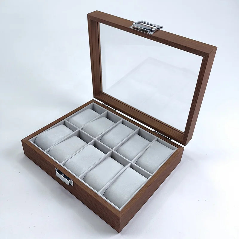 Hot Sale Retro Brown Wood 10-Slot Watch Organizer Box Convenient Storage Case with Window Lock for Watch Collection