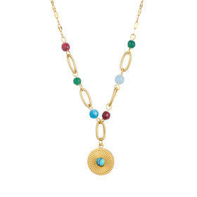 2024 New Boho Stainless Steel Gold Plated Women's Necklace Blue Wood Turquoise Necklace