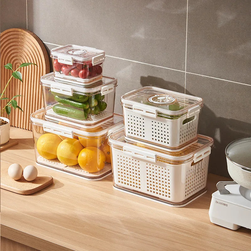 Vegetable Fruit Fresh Produce Fridge Refrigerator Fresh-keeping Storage Box Containers With Grid Strainer Drain Basket Crisper