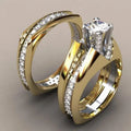 Huitan Luxury Ring Sets Round Zircon Macro Pave Anillos Men Women Cubic Rings Gold Couple Wedding Ring Set