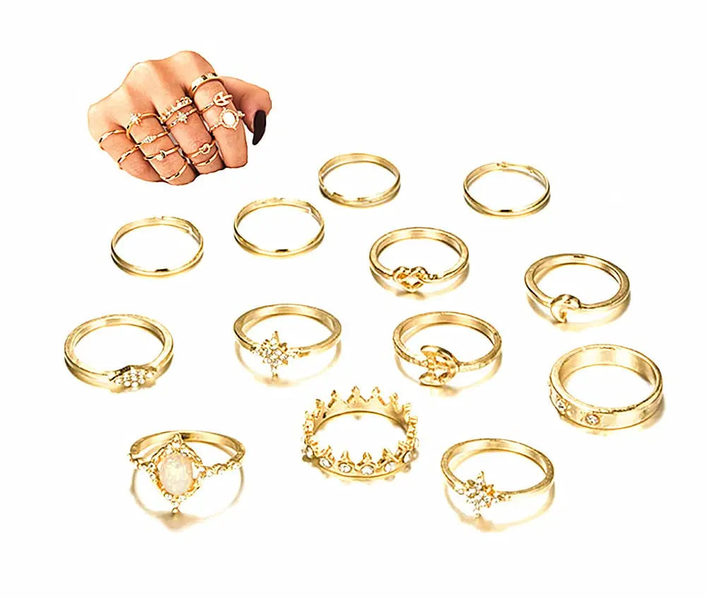 JC 13 Pcs Gem Crystal Jewelry Set Rings 2021 for Women  Fashion Wedding Gold Knuckle Stainless Steel Ring Set