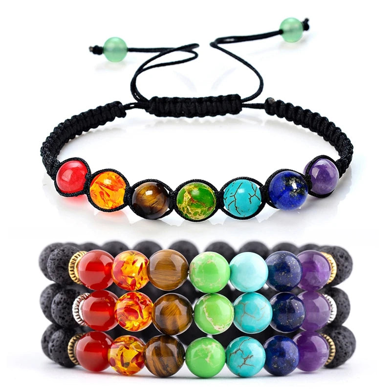 Wholesale 8mm Gemstone Natural Lava Stone Healing Bead Women Men Yoga 7 Chakra Bracelet Jewelry
