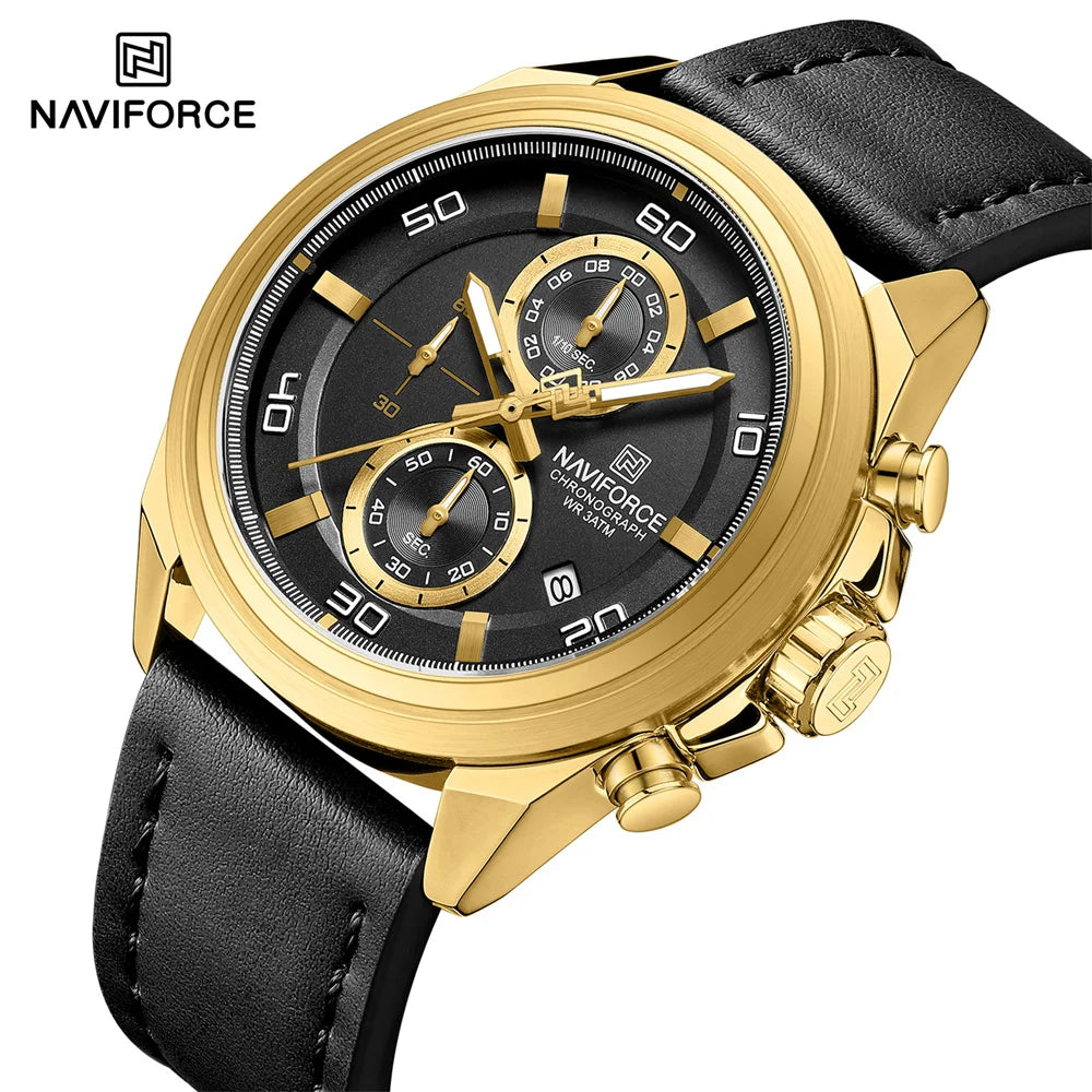 New NAVIFORCE 8075 Montre Pour Homme Quartz Mens Watches Original Genuine Leather High End Reloj De Hombre Gold Case