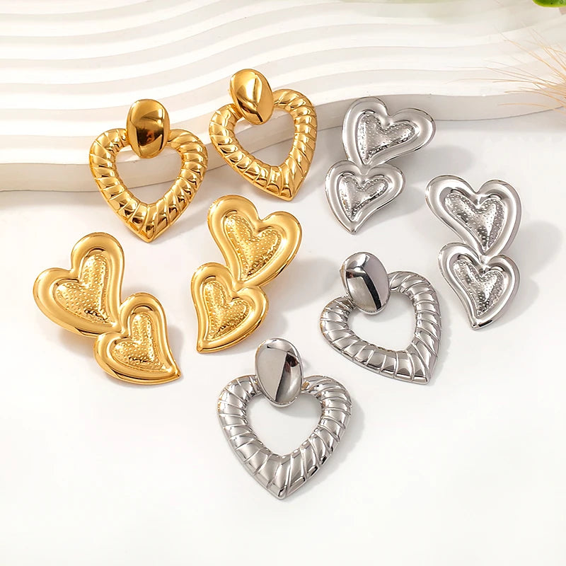 Designer Women's 18K Gold Plated Stainless Steel Hammered Heart Chunky Drop Stud Earrings Trendy Fashion Jewellery Wholesale