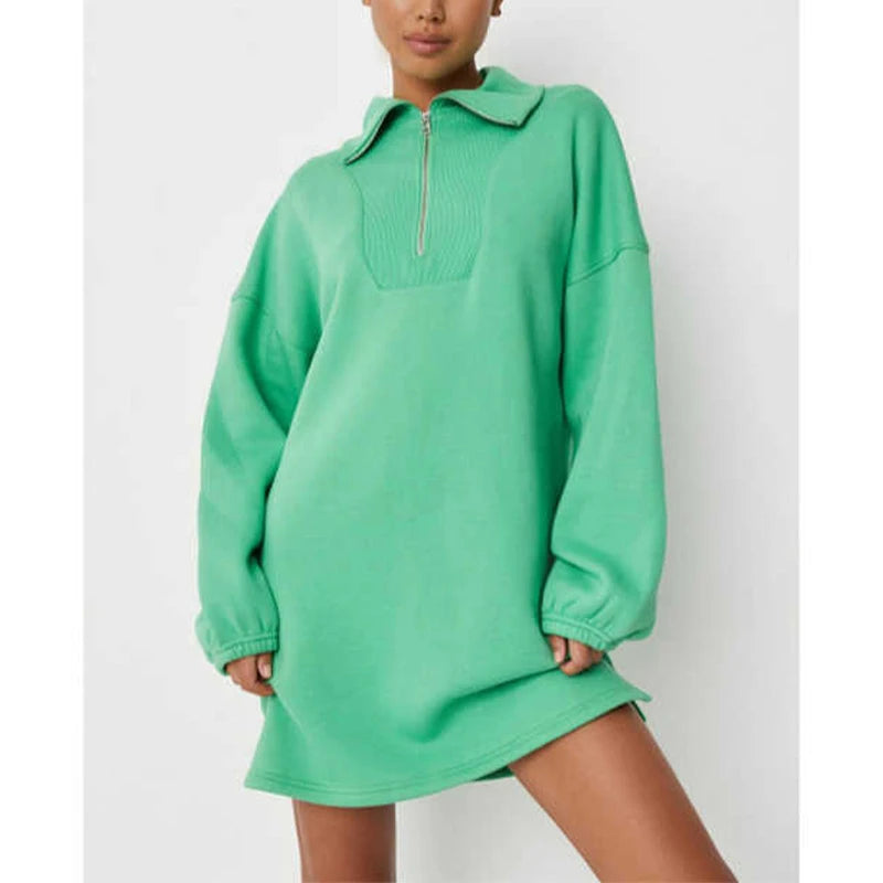 Women Quarter Zip Hoodie Dress Mint Green Oversized Sweatshirt Dress with Collar Casual Streetwear Pullover Mini Dress