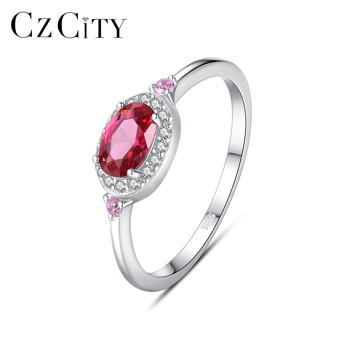 CZCITY 925 Sterling Silver Eternity Bridal Band Ring Women Fine Jewelry Oval Cut Red Ruby Gemstone Ring