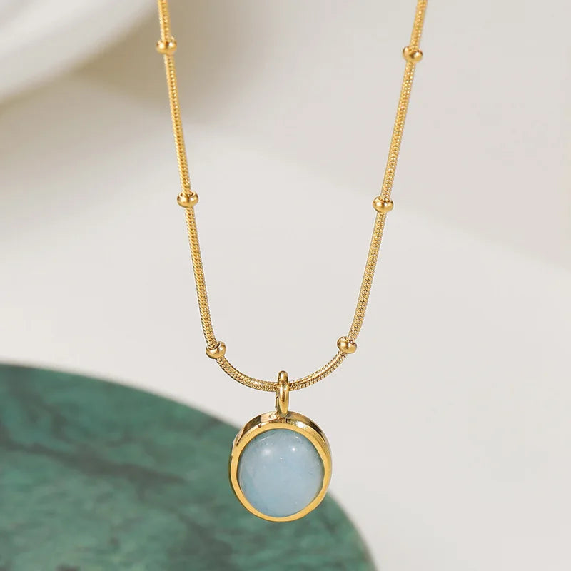 Vintage Round Pendant Collarbone Necklace Blue Oval Natural Stone Pendant 14K Gold Plated Stainless Steel Snake Chain Necklace