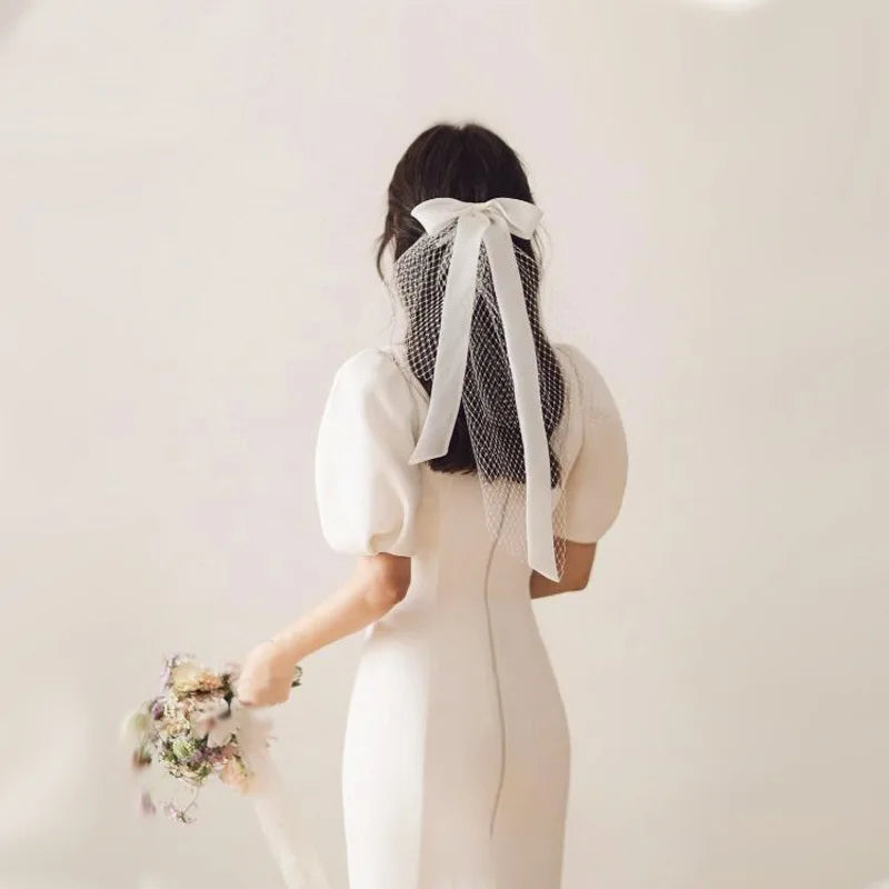 IVANHOE Factory Wholesale Soft Net Wedding Bride Hair Accessories Black and White Bow 40CM Headdress Bride