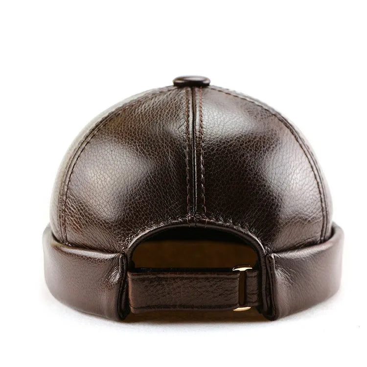 Men Real Sheep Leather Brimless Baseball Cap Docker Cap Rolled Cuffed Beanie Skull Hip-hop Hats Streetwear Hat
