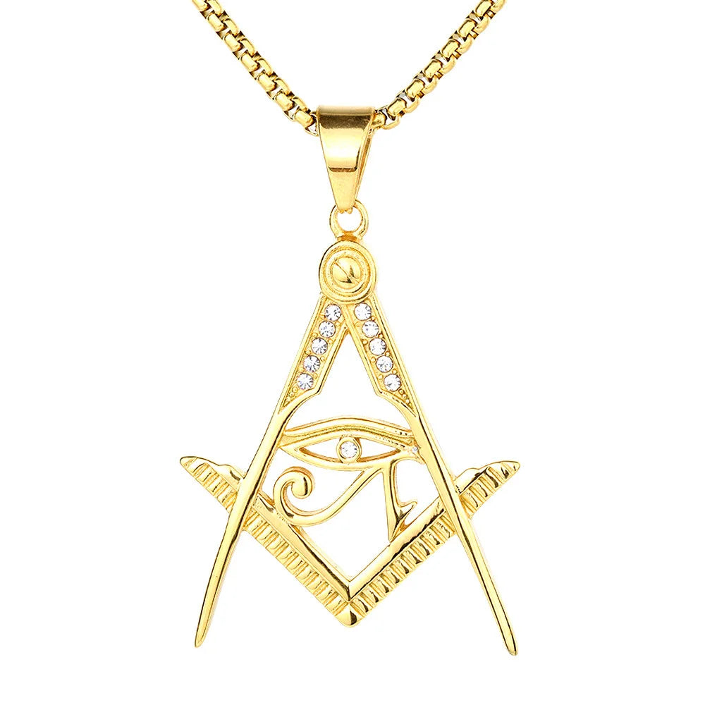 Fatingna Punk Vintage Silver Stainless Steel Necklace Freemason Masonic Symbols Gold Plumb Rule Trowel Charm Zircon for Party