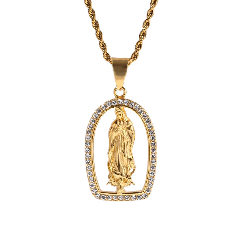2024 New Diamond Guadalupe Mary Pendant Necklace Virgin Mary Religious Figure Pendant Necklace Christmas Gift Stainless Steel