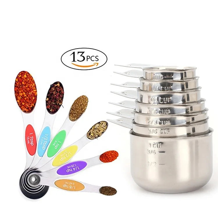 13-piece Set Stainless Steel Eco-Friendly CE Certified Measuring Cup and Spoon with Scale Kitchen Utensils