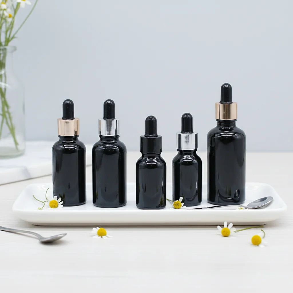 Black 5ml 10ml 15ml 20ml 30ml 50ml 100ml Glass Dropper Bottles for CBD Oil & Essential Oils - Dark Violet Glass with Pump