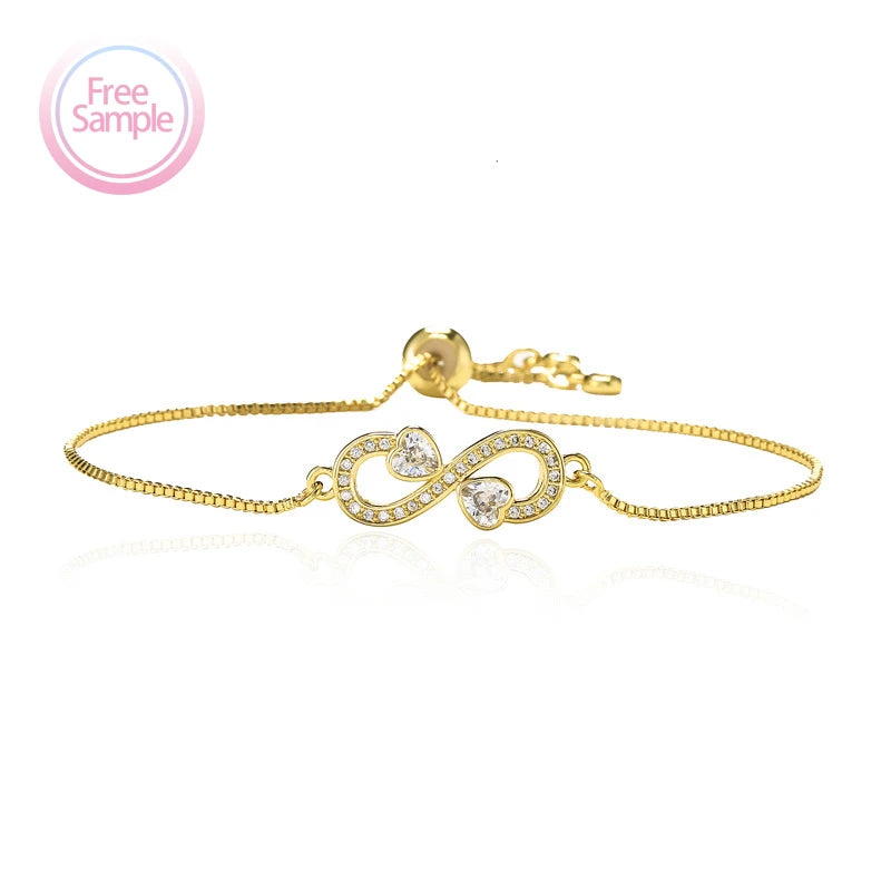 SSeeSY Pulsera Gold Plated Custom Copper Chain Zircon Heart Brass Bracelet Fashion Jewelry Valentines Day Gift for Women Girl