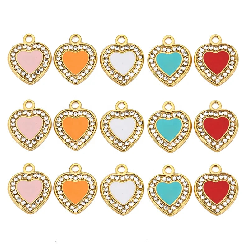 5Pcs Small and Exquisite Stainless Steel Enamel Peach Heart Spot Drill Charms Pendants for Necklace DIY Jewelry Bracelet Making