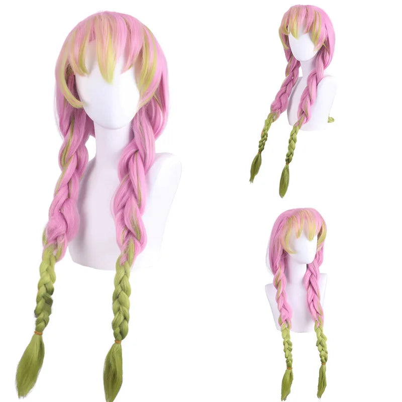Anime  Kanroji Mitsuri Kimetsu No Yaiba Women Cosplay Wig Green Pink Colorful Hair Braids Hair