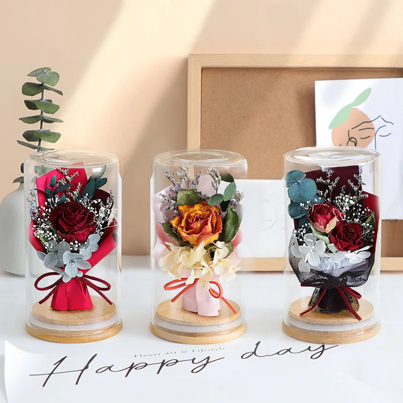 Ychon New Arrival Preserved Flowers Red Rose Glass Cover Home Decoration Gift for Valentine's Day Mother's Day