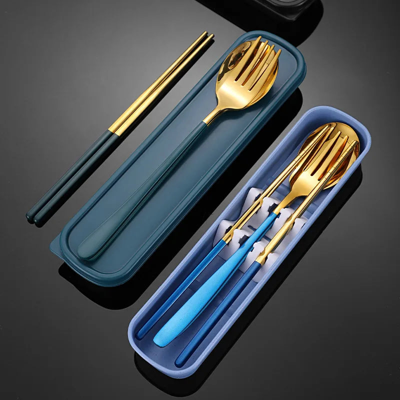 Luxury Portable Dinnerware Set Minimalist Korean Flatware Fork Spoon Chopsticks Plastic for Parties Travel-Includes Storage Box