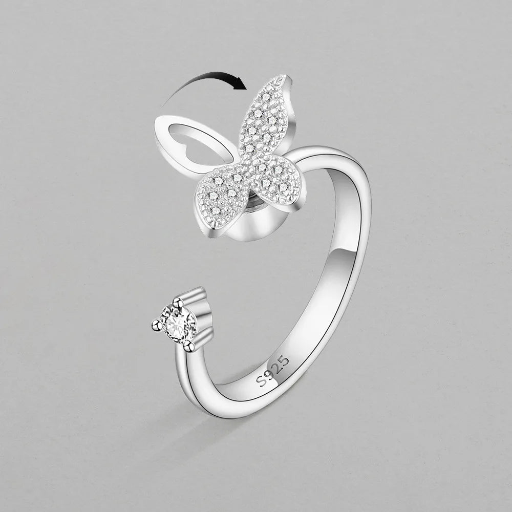 Anti Anxiety Zircon Wedding Rings for Women Silver Color Butterfly Adjustable Ring Fashion Jewelry Gift