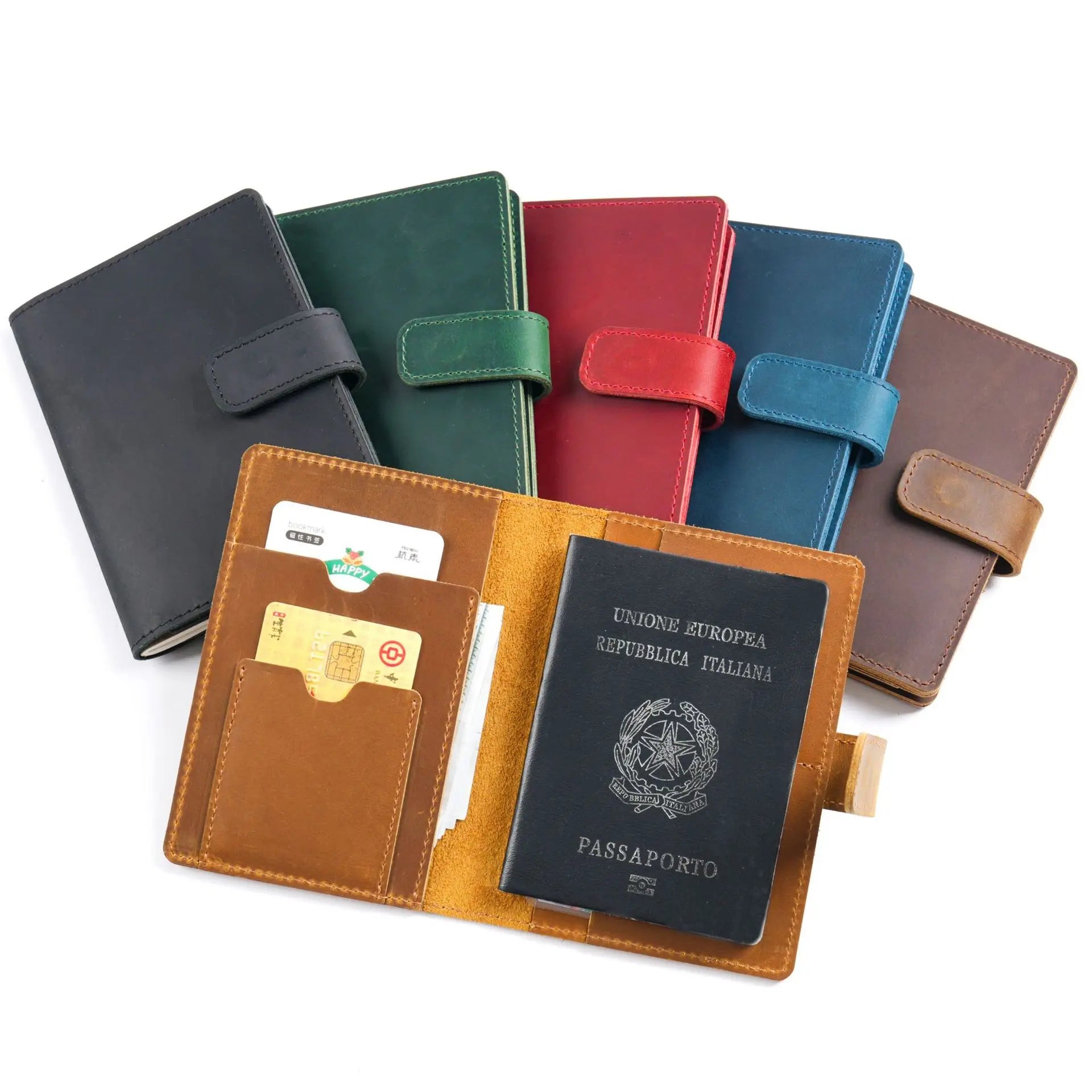 Wholesale Trendy Vintage Crazy Horse Leather Travel Passport Cover Slim Card Holder Wallet Genuine Leather Passport Button RFID
