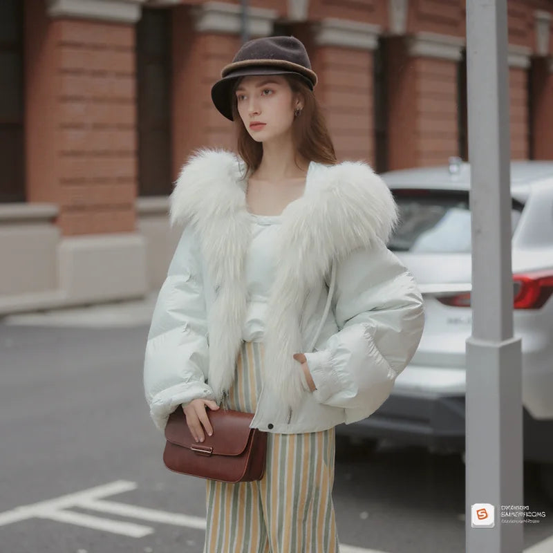 Casual Warm Quilted Jacket Big Fur Collar Winter Daily Outerwear