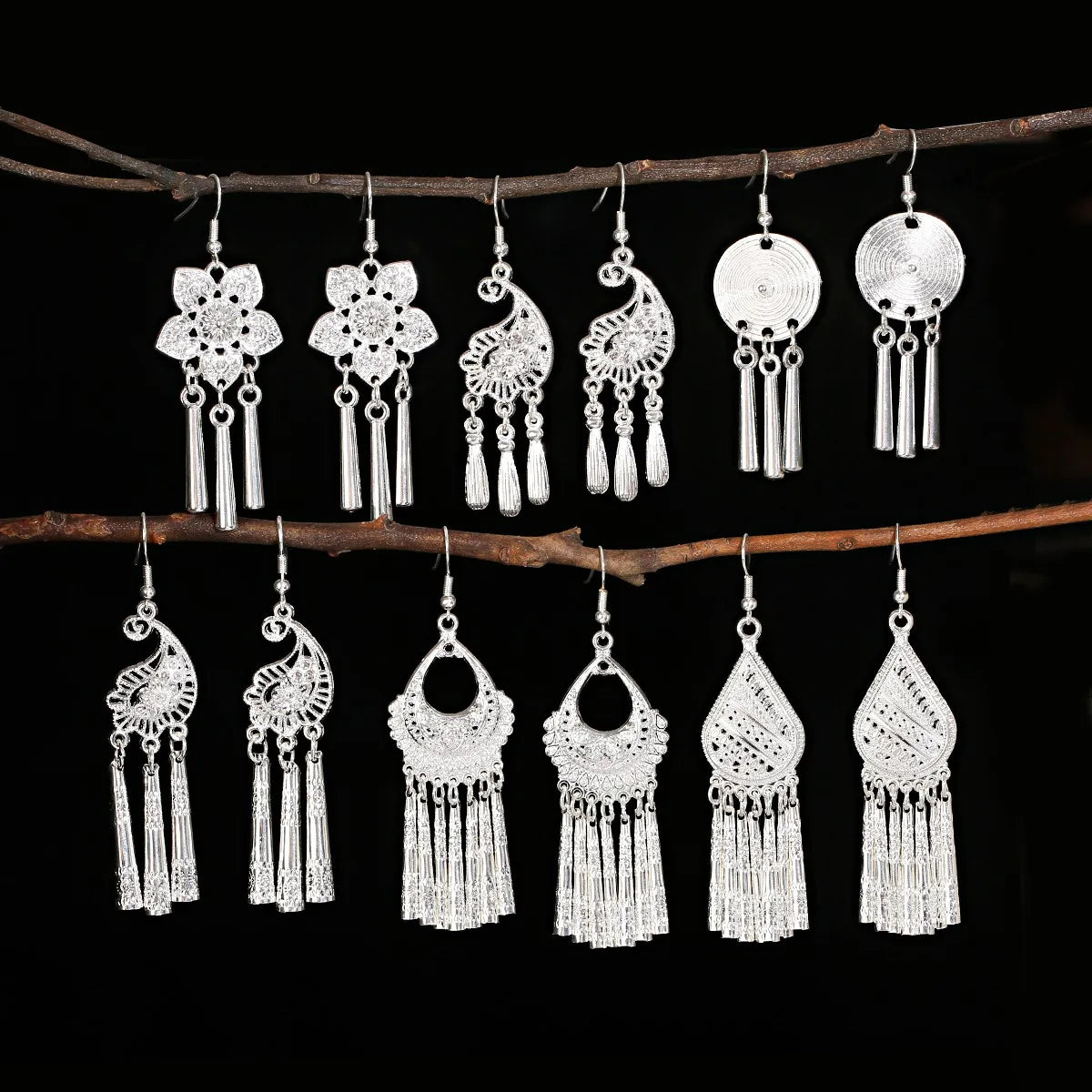 24 Style Boho Carved Drop Earrings Fashion Jewelry Gift Metal Ancient Silver Plated Tassel Hook Earrings for Women Girls